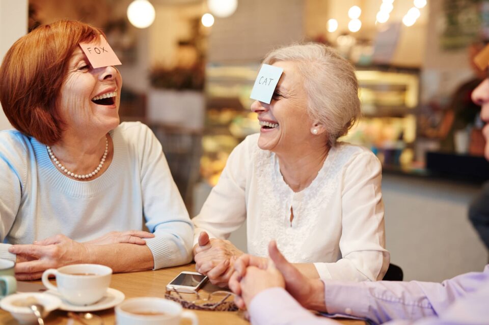 Senior buddies playing humorous game at leisure