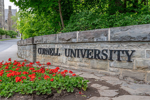 Ithaca, New York, USA - May 27, 2025:  Cornell University College Town stone entrance sign with red Geraniums